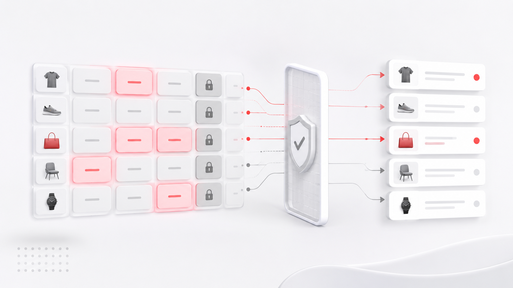 Illustration showing selective bulk import — only changed fields flow through a shield filter to Shopify products