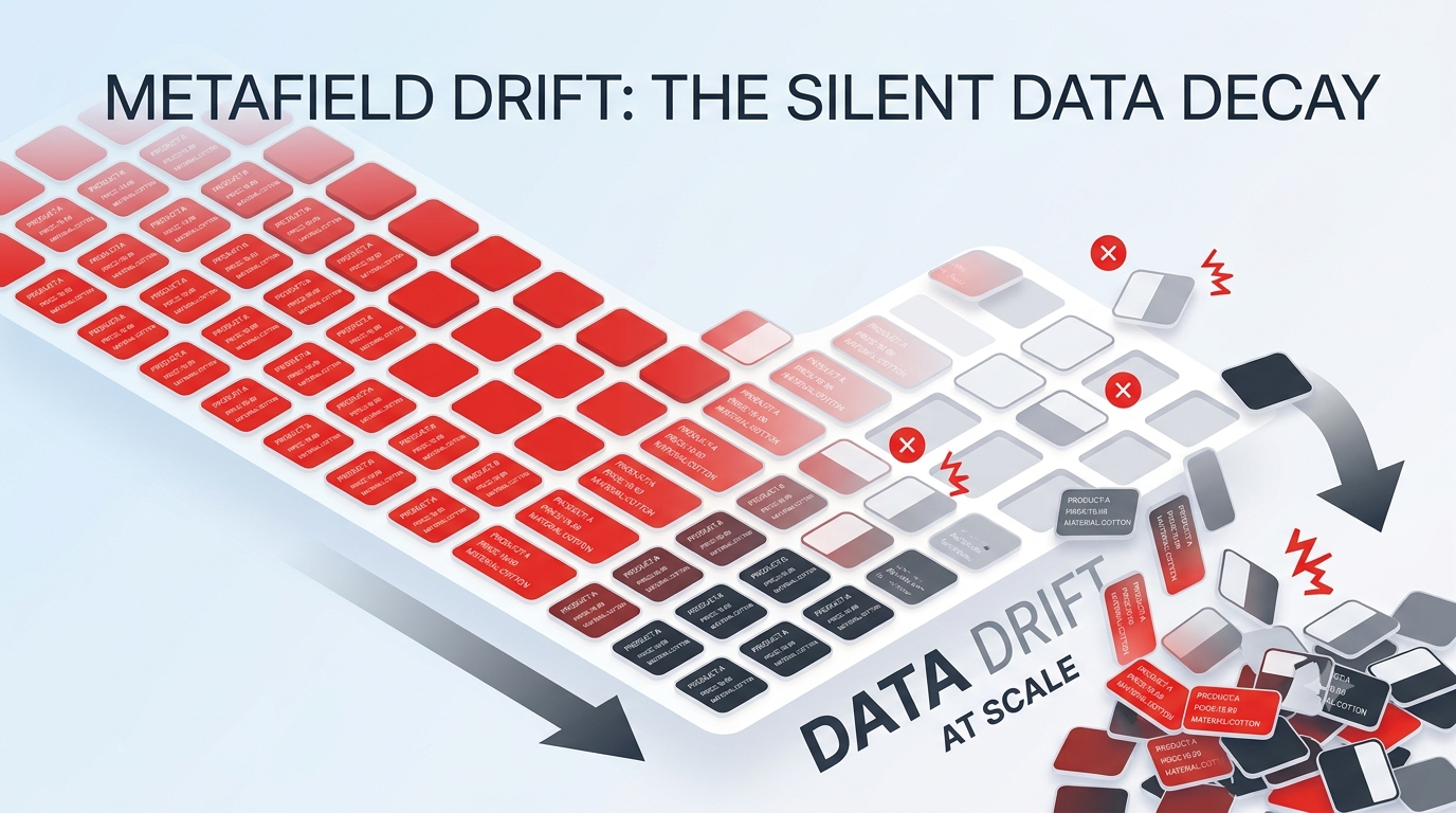 Illustration showing metafield drift at scale — product data tiles decaying as they fall off a keyboard grid, labelled DATA DRIFT AT SCALE