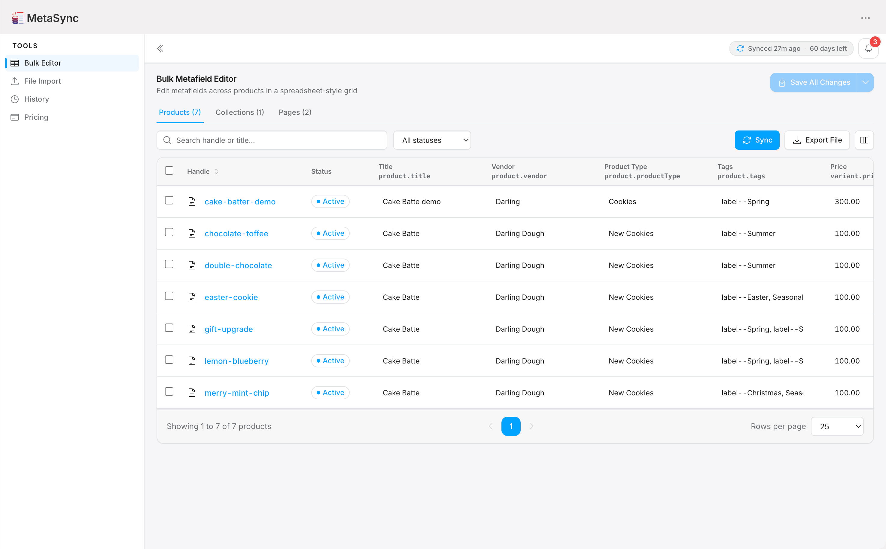 StoreSync Bulk Editor — products grid