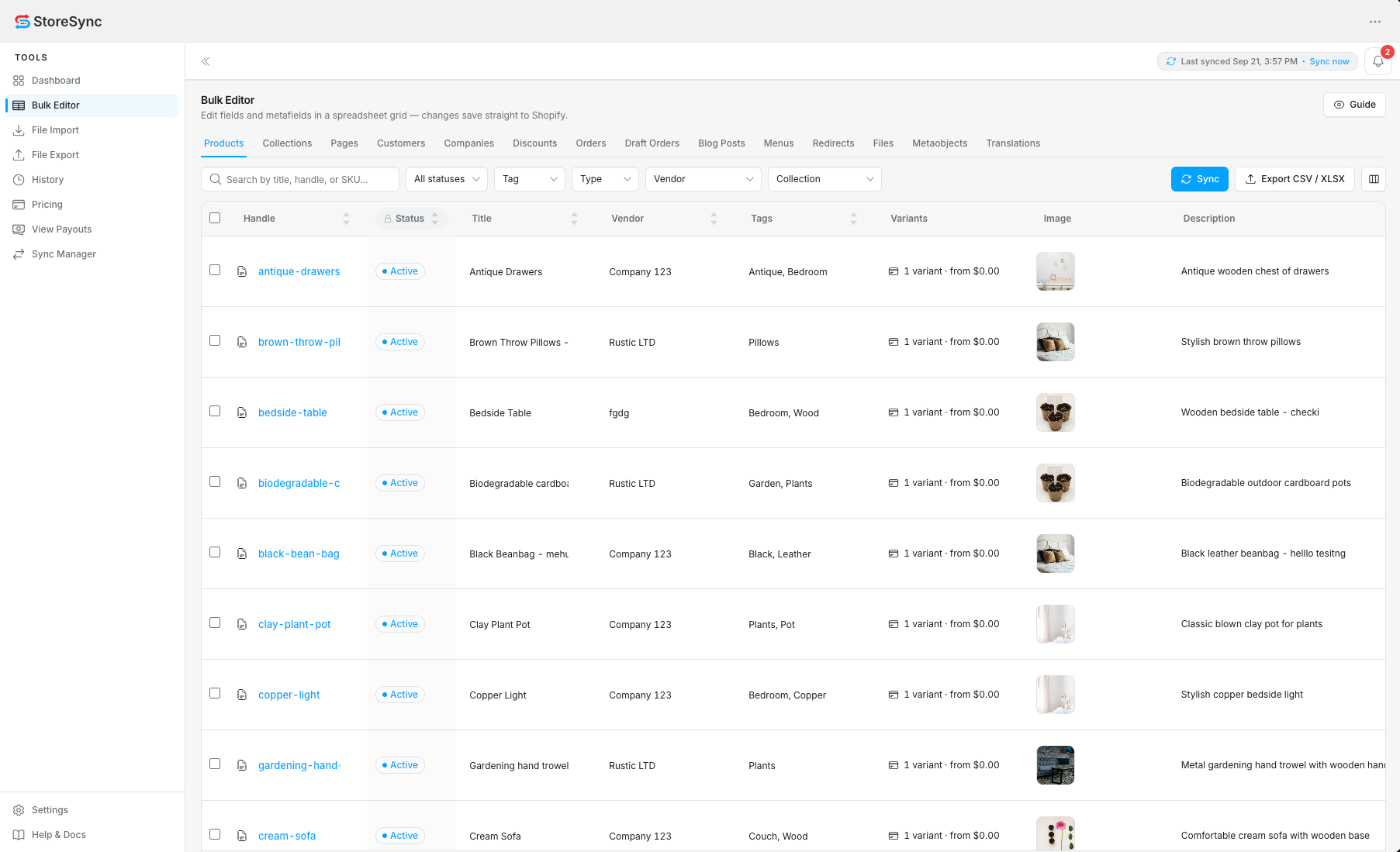 StoreSync Bulk Editor — products grid