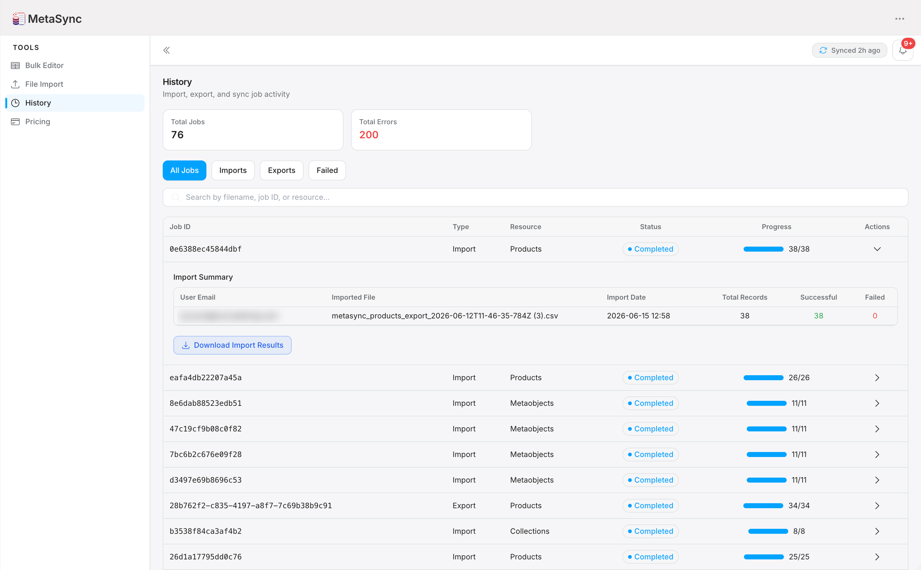 StoreSync History — import & export jobs