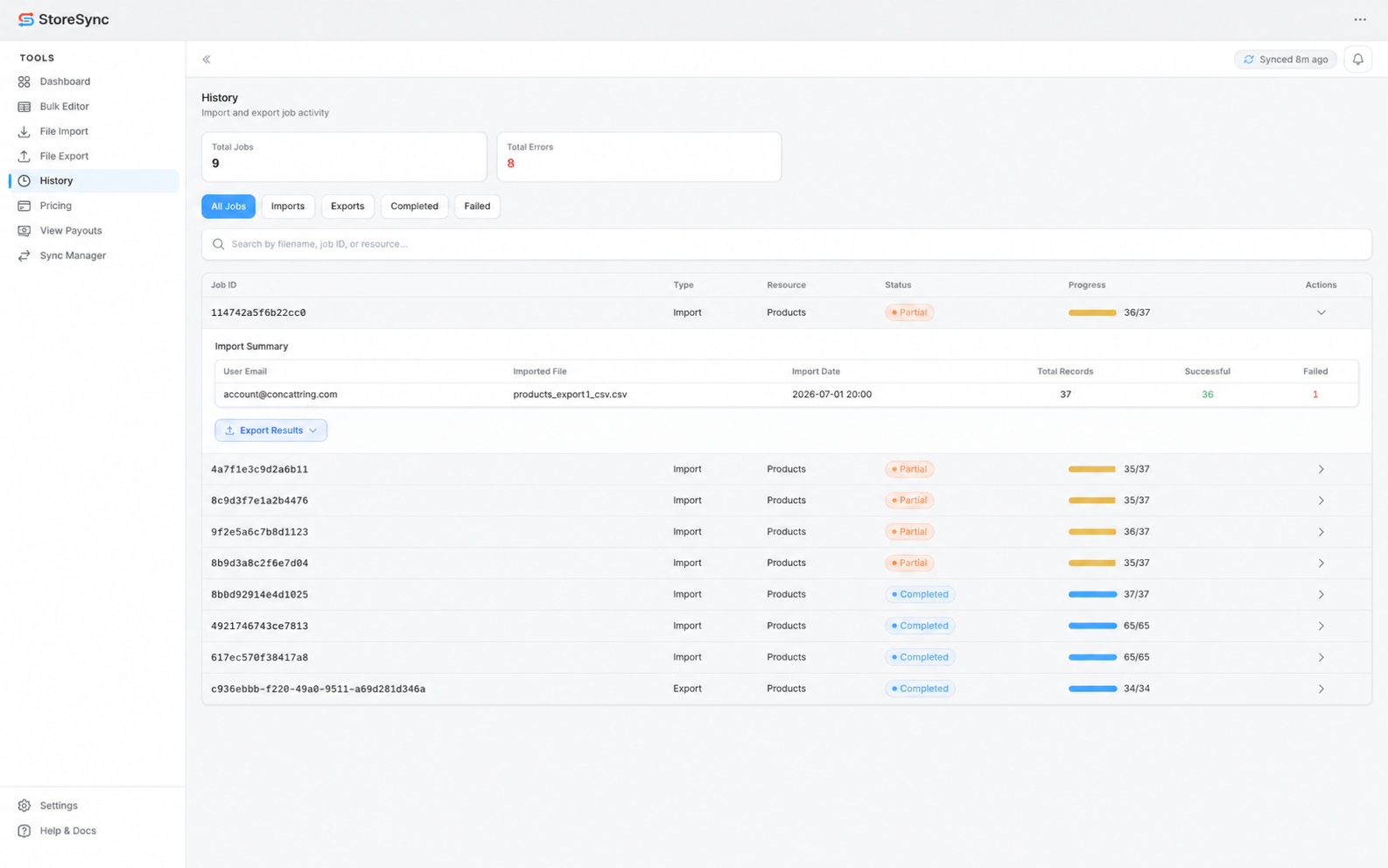 StoreSync History — import & export jobs