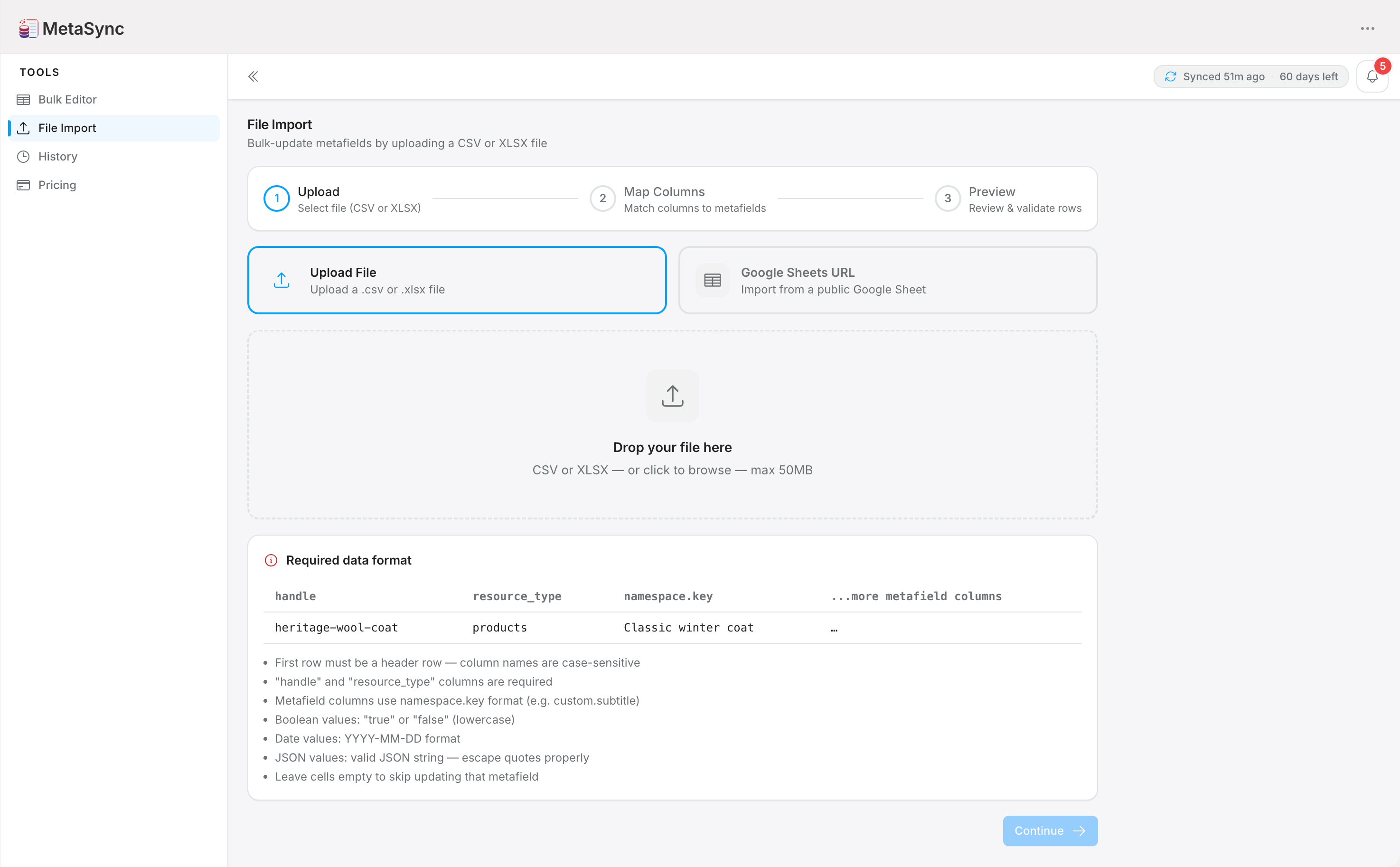 StoreSync File Import — upload step