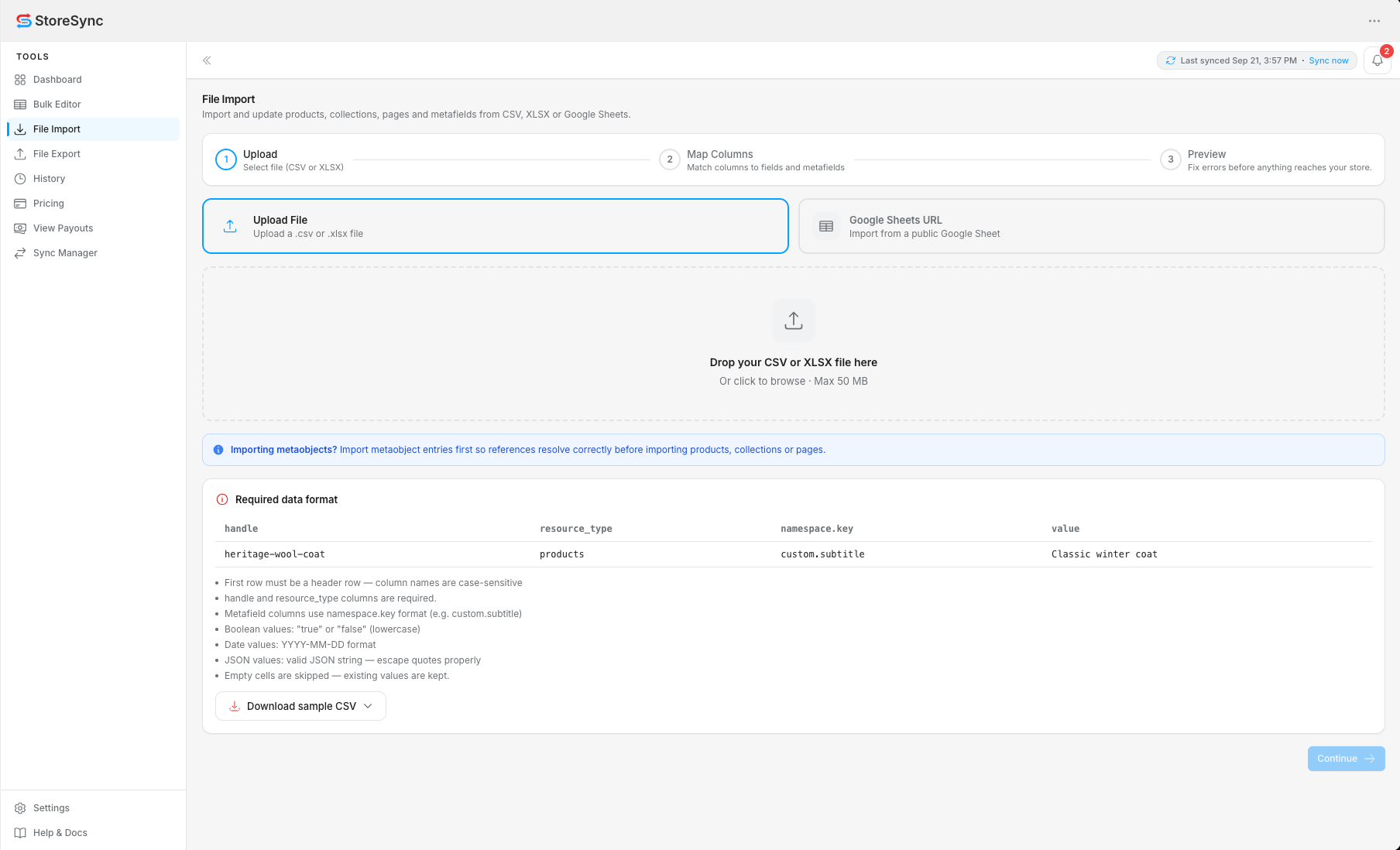 StoreSync File Import — upload step