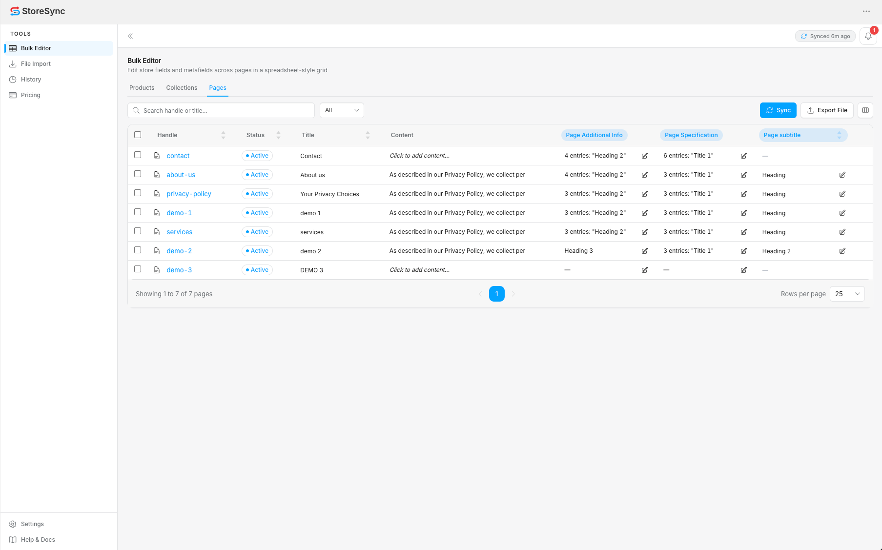StoreSync Bulk Editor — Pages tab