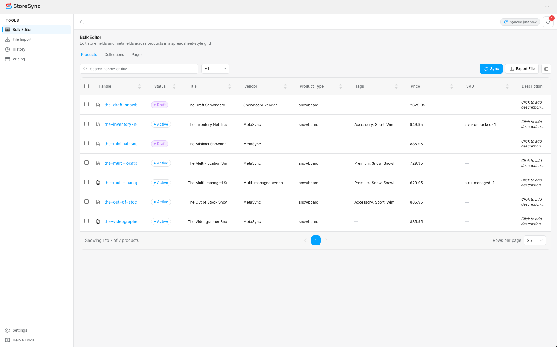 StoreSync Bulk Editor — Products tab