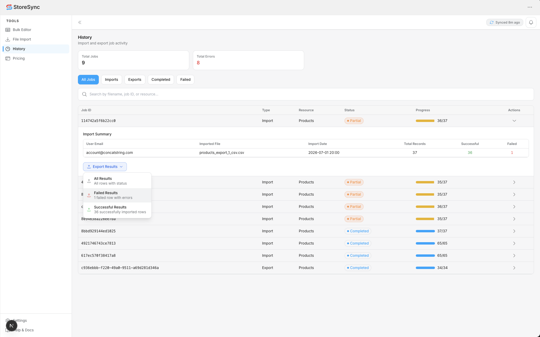 StoreSync History — job activity