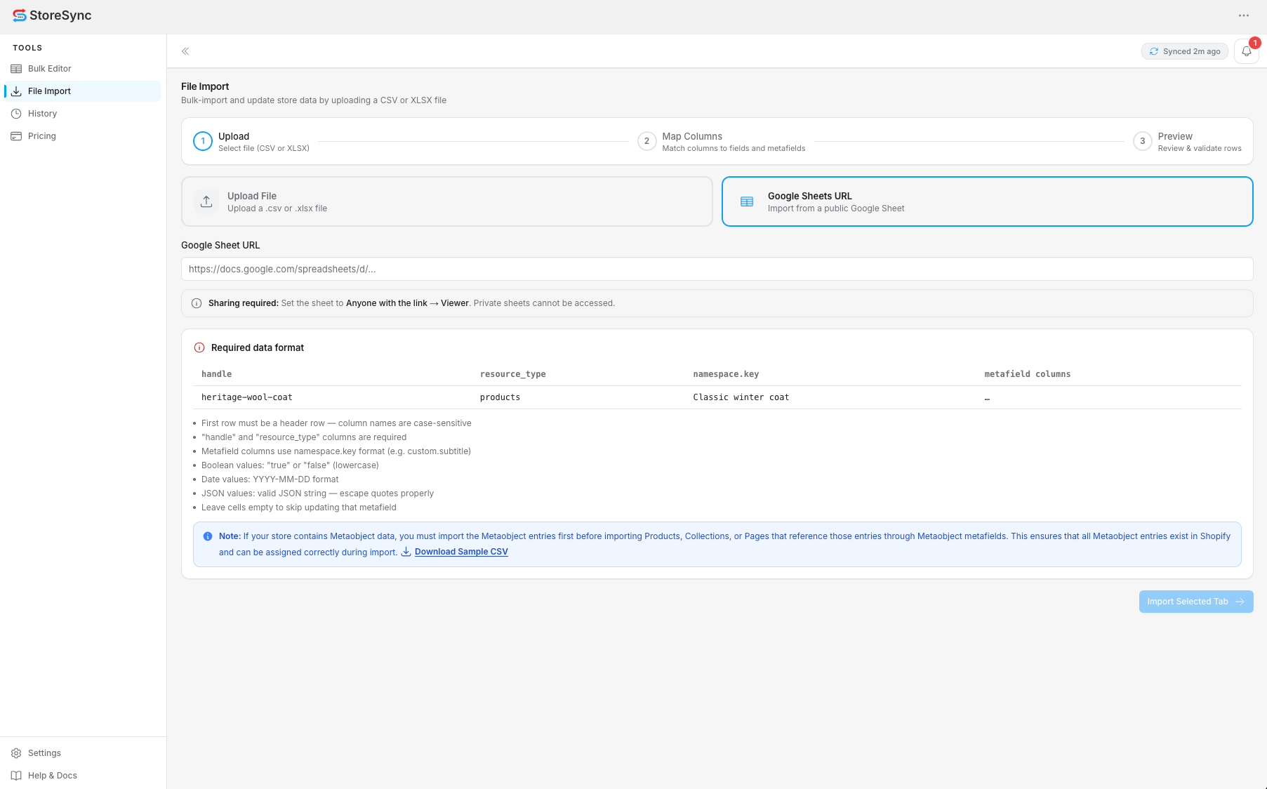 StoreSync File Import — Google Sheets URL