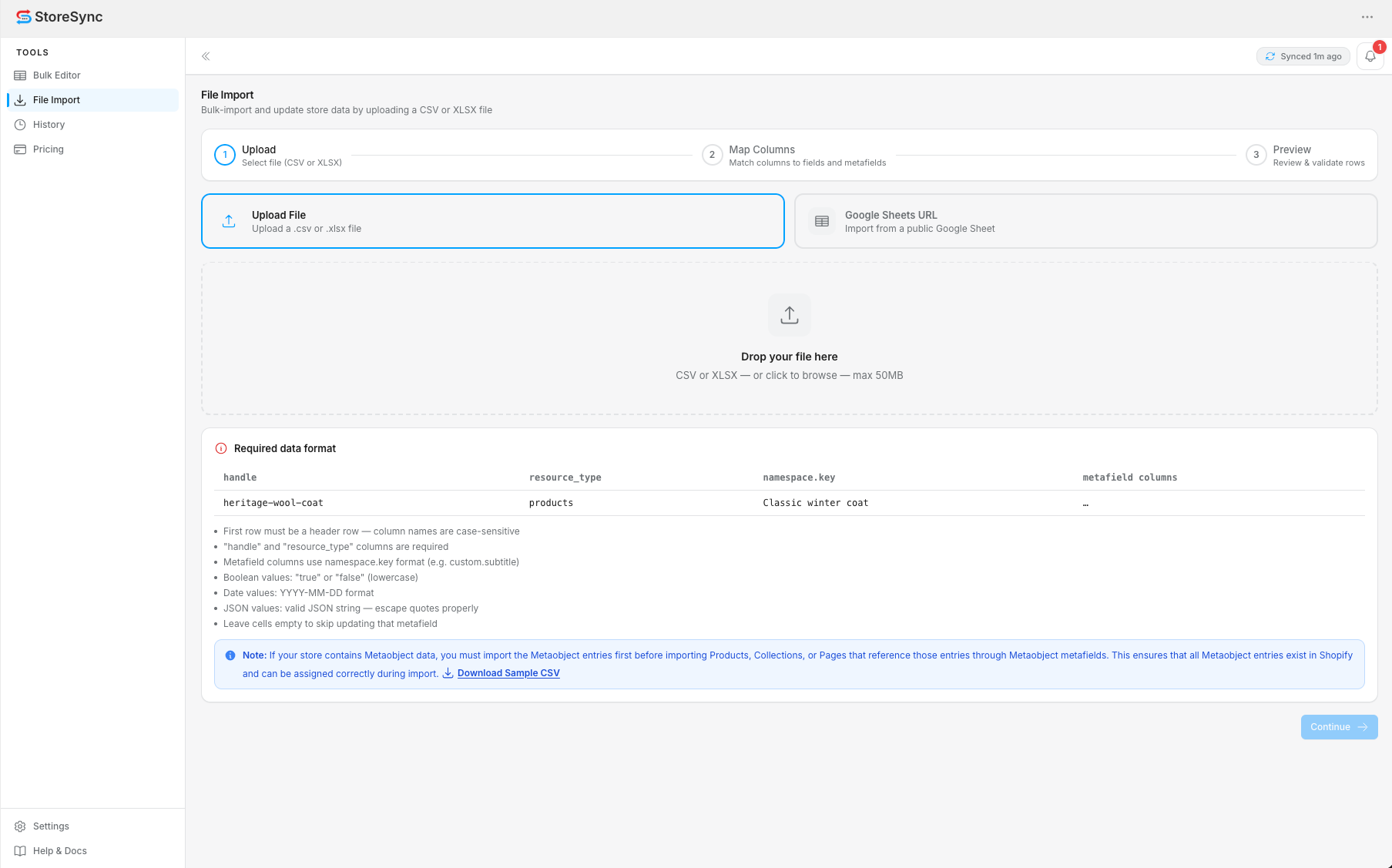 StoreSync File Import — upload step