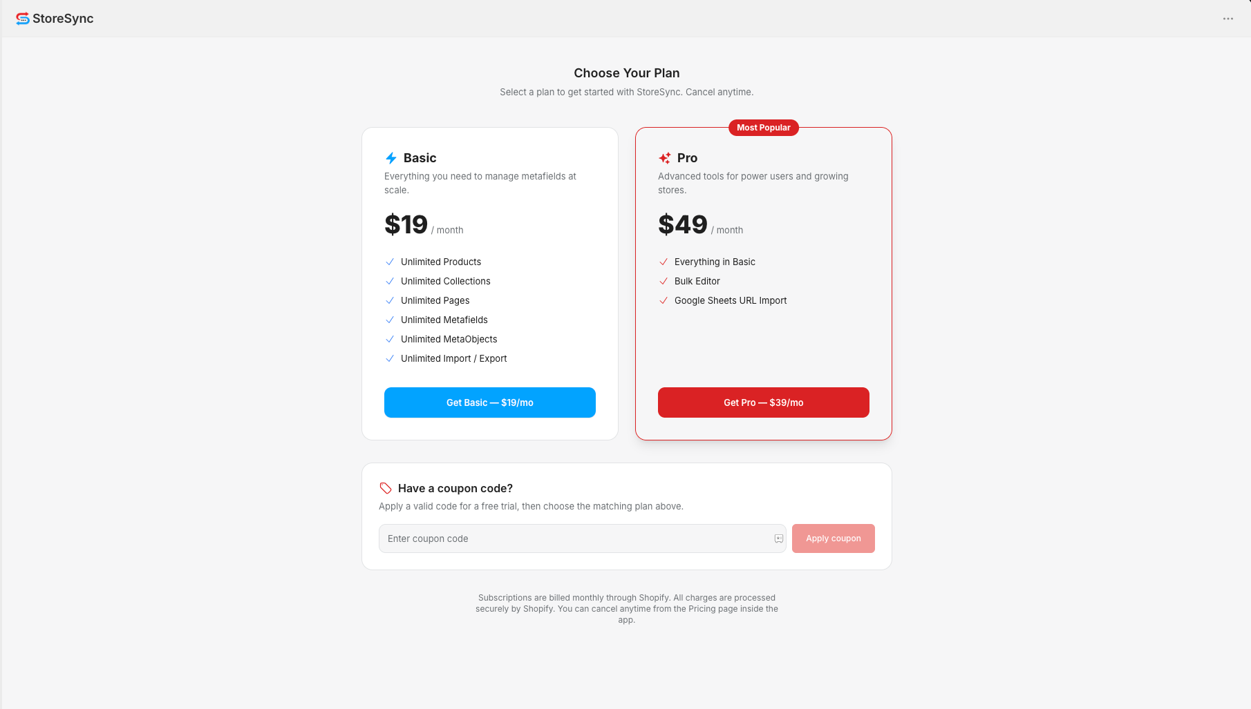 StoreSync Pricing page